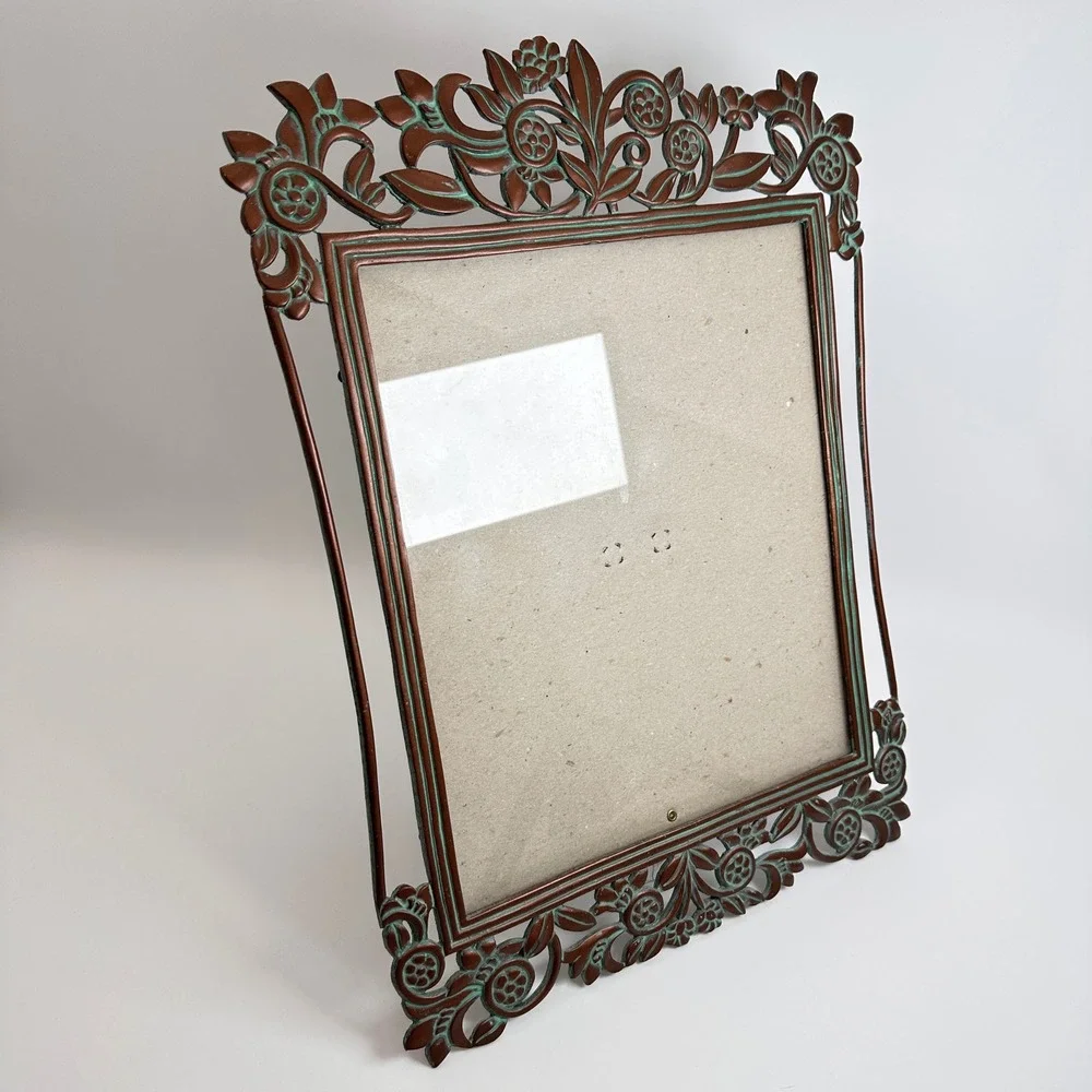 Vtg 8x10 Floral Cast Metal Picture Frame Copper Tone Turquoise Verdigris Photo